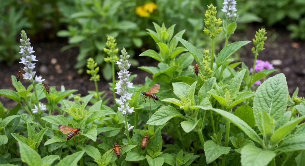 O grădină diversă, cu plante și insecte, ilustrând echilibrul natural într-un ecosistem organic.