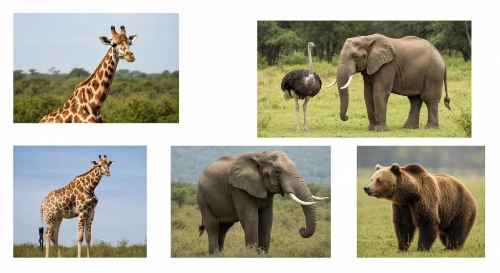 Patru animale înalte – o girafă, un elefant african, un struț și un urs brun – prezentate în mediile lor naturale, evidențiind diferența de mărime.