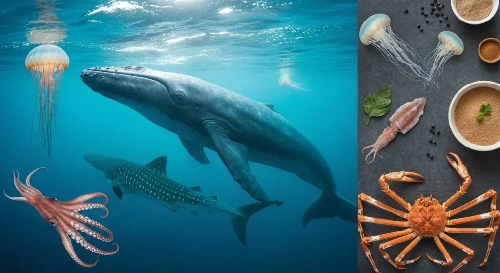 O imagine cu o balenă albastră imensă în ocean, oferind o perspectivă asupra dimensiunilor sale impresionante.