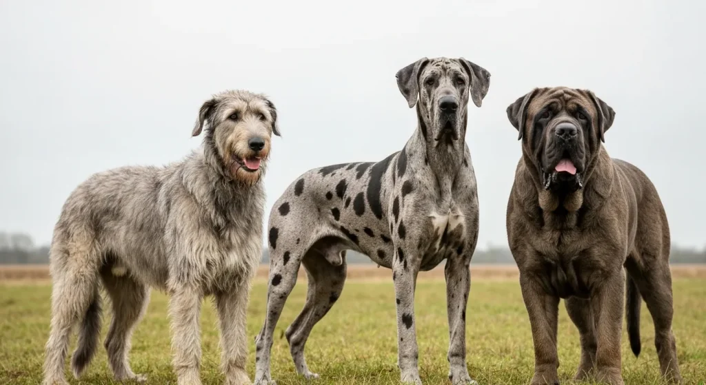 Trei rase mari de câini, un Irish Wolfhound, un Mare Danez și un Mastiff Englez, stau într-un spațiu deschis.