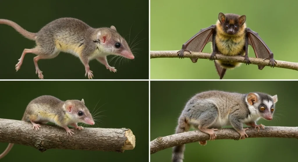 Patru mamifere minuscule: un chițcan etrusc, un jerboa pitic, un liliac bondar și un lemur șoarece.