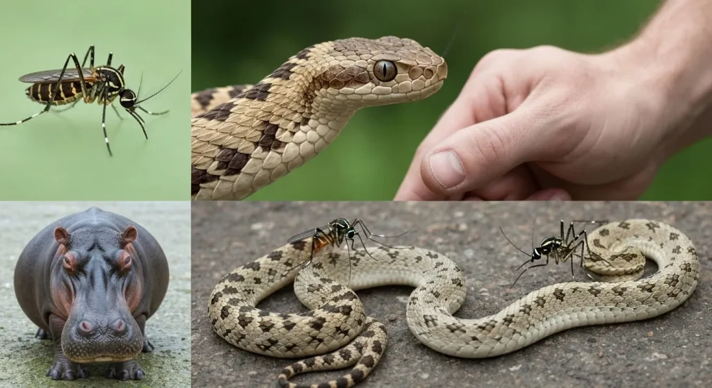 O imagine care prezintă o varietate de animale periculoase, inclusiv un șarpe, un țânțar și un hipopotam.