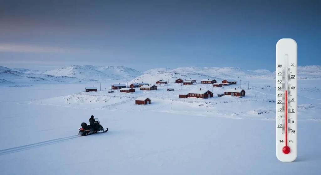 O așezare izolată, acoperită de zăpadă, într-un peisaj arctic vast și înghețat.