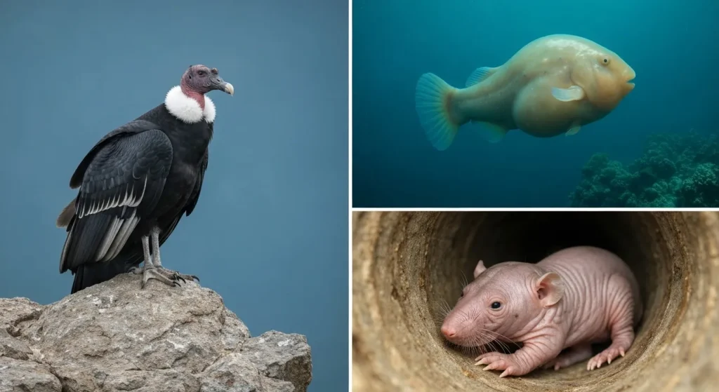 Un condor al Californiei, cu capul fără pene, este așezat pe o stâncă.