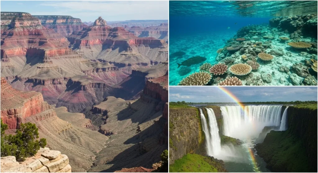 Trei imagini reprezentând Grand Canyonul, Marele Barieră de Corali și Cascada Victoria, evidențiind dimensiunea și diversitatea lor naturală.