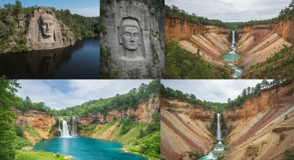 Imagini diverse ale celor Șapte Minuni Naturale ale Georgiei, incluzând mlaștini, cascade, canioane și sculptură în piatră.