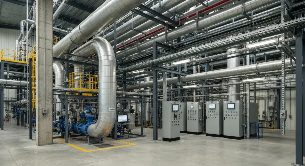 O instalație de cercetare a capturii de carbon, cu conducte, echipamente industriale și clădiri.