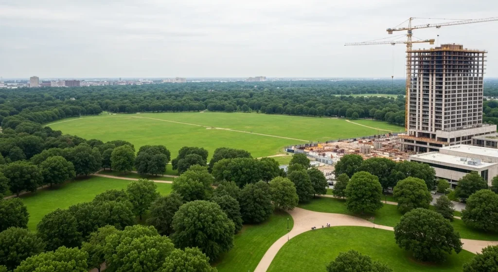 Un parc vast, cu spații verzi extinse, amenințat de construcția unei clădiri mari în mijlocul său.