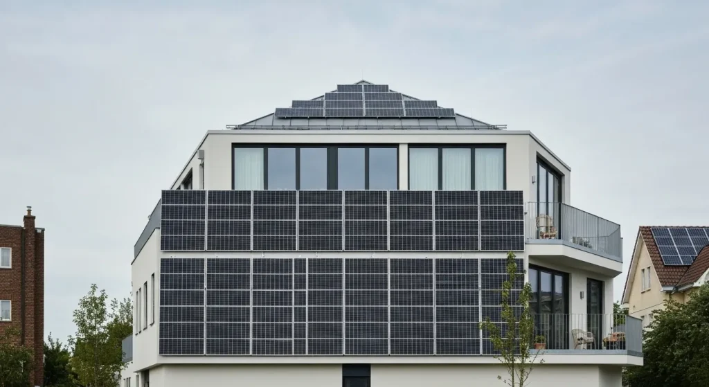 Clădire modernă cu panouri solare integrate, amplasată într-un peisaj natural, fără să umbrească clădirile din jur.