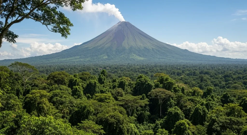 O vedere panoramică a unei păduri tropicale luxuriante din Costa Rica, cu un vulcan în fundal.