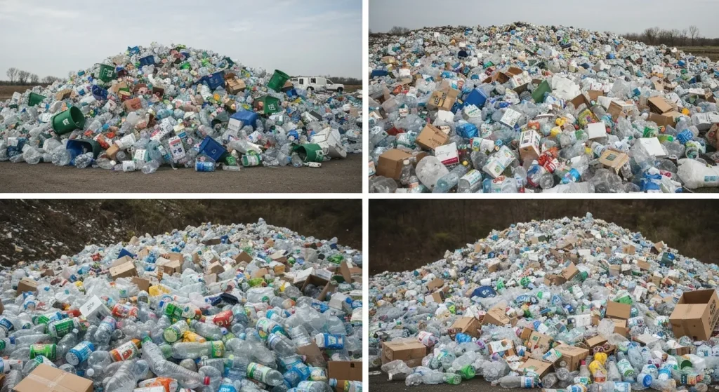 Munți de materiale reciclabile nesortate se acumulează într-un depozit de deșeuri din cauza interdicției Chinei de a importa deșeuri străine.