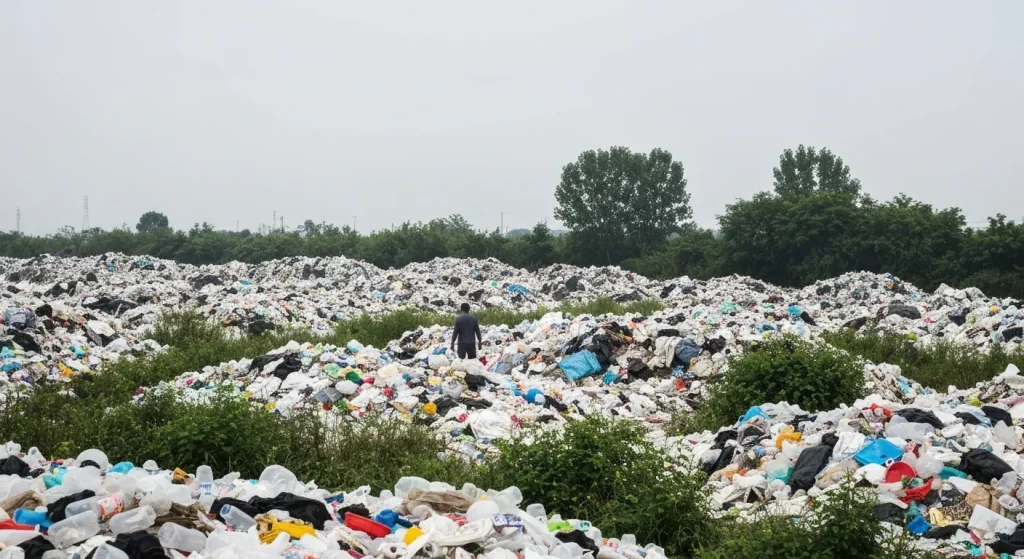 Un depozit de deșeuri supraaglomerat cu plastic și alte deșeuri, vegetație crescând printre ele.