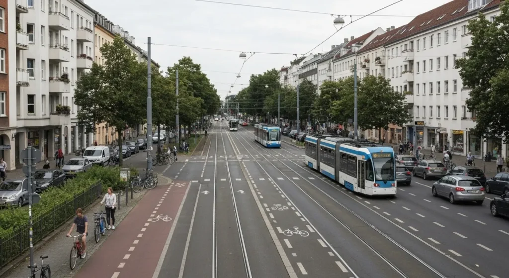 O stradă din Berlin cu piste de biciclete, mașini parcate, clădiri joase și tramvaie, arătând o coexistență a diferitelor moduri de transport.