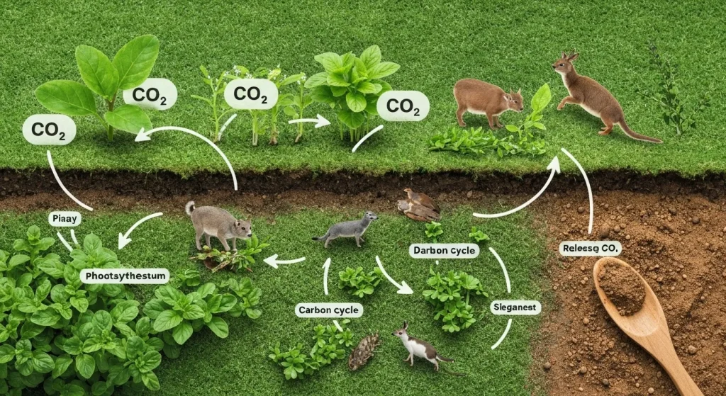 Ilustrație a ciclului carbonului, arătând absorbția de CO2 de către plante, consumul de către animale și descompunerea materiei organice.
