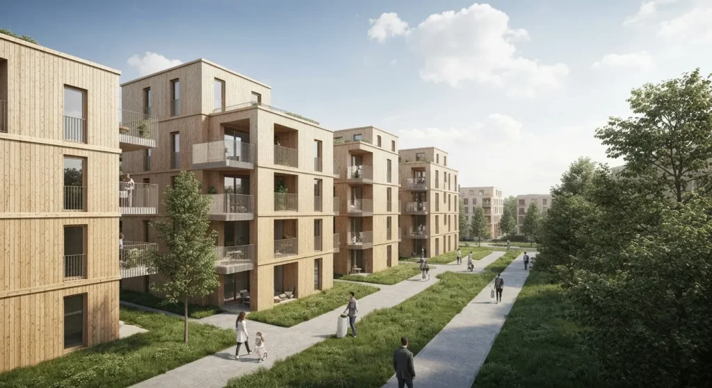 O imagine a unui bloc de apartamente modern, simplu, eficient energetic, din lemn, situat într-o zonă urbană densă cu spații verzi.