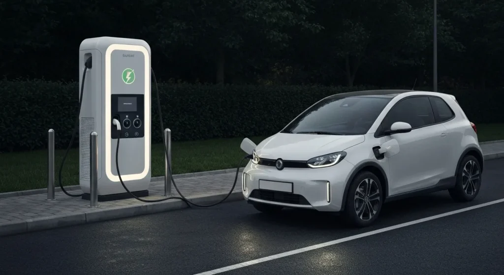 O mașină electrică modernă, compactă, este conectată la o stație de încărcare rapidă, pe timp de noapte.