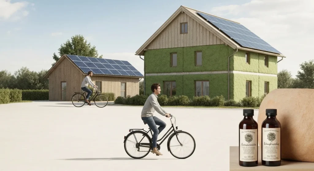 O imagine cu o casă bine izolată, cu panouri solare pe acoperiș și o familie care merge cu bicicleta.