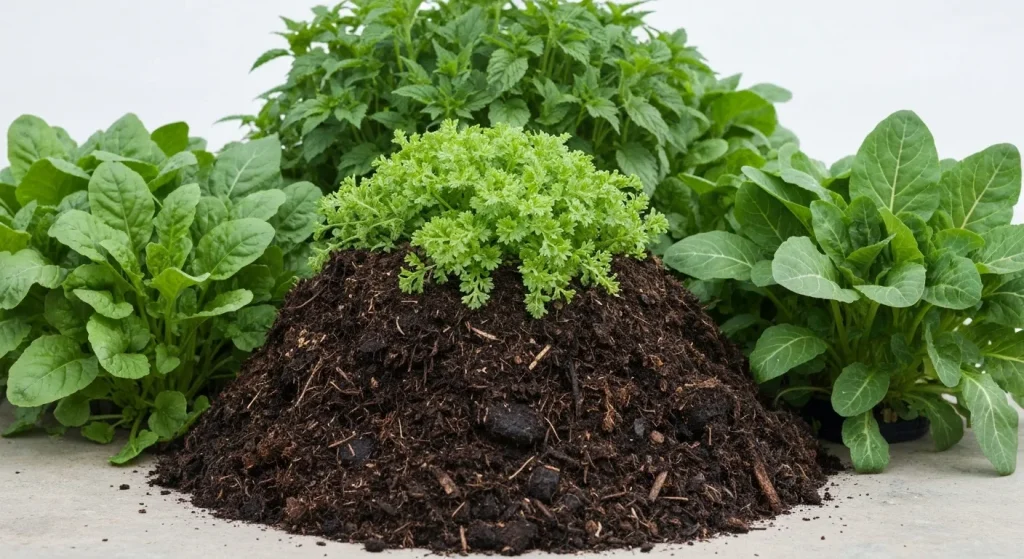 O fotografie cu un compost bogat în humus, cu diverse plante crescând în jurul lui.