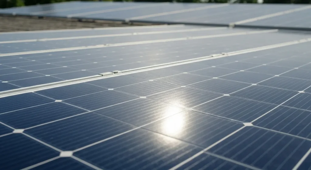 O imagine a unei celule solare din siliciu monocristalin, cu text care descrie anul inventării și eficiența sa inițială.