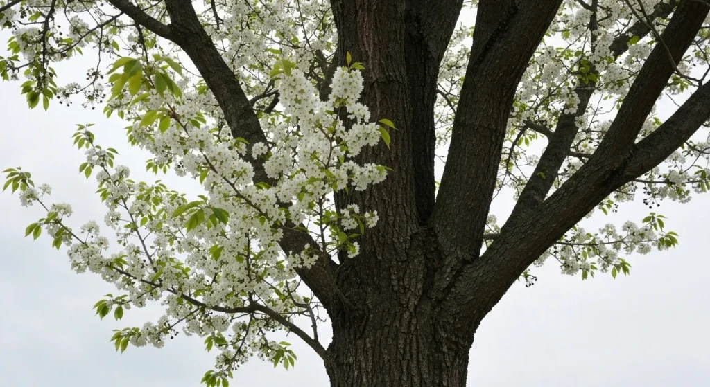 Un cireș negru (Prunus serotina) cu flori albe și fructe purpuriu-negru, scoarță fisurată și frunze ovale-alungite.