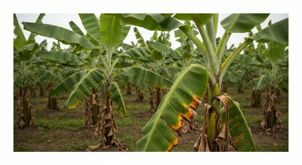 Plantă de banană afectată de boala Panama Tropical Race 4, prezentând semne de ofilire și deteriorare.