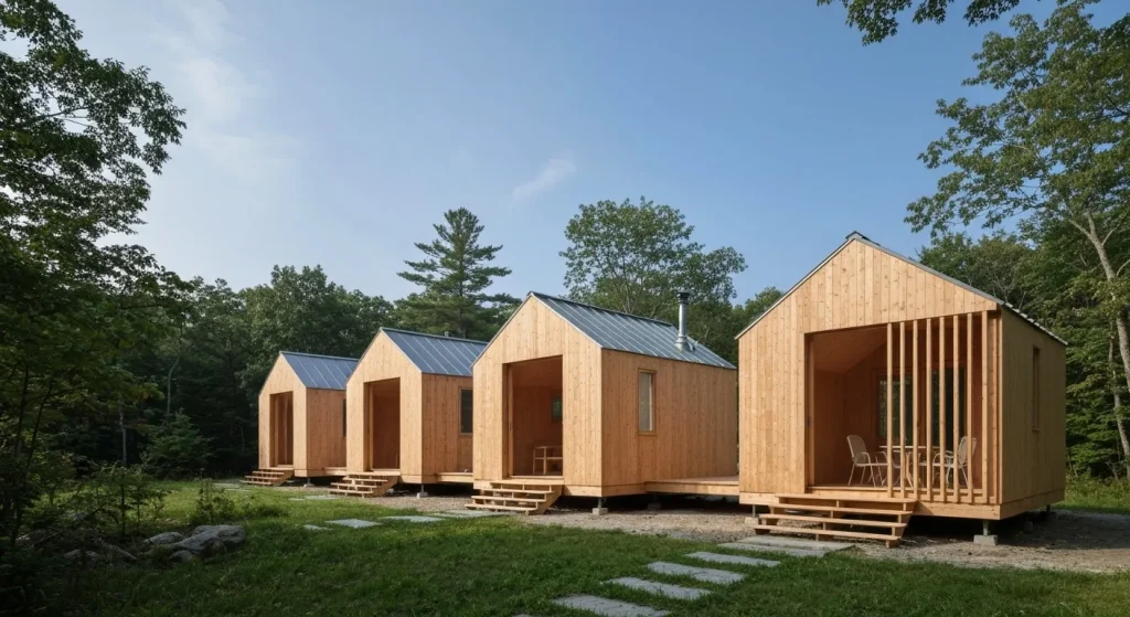 Trei cabane simple, conectate, construite din lemn stratificat încrucișat, amplasate într-un peisaj natural.