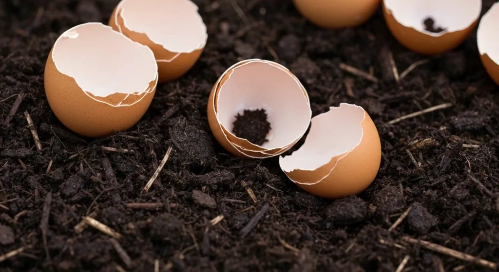 Grămadă de compost cu coji de ouă sparte, contribuind la aerarea și reținerea nutrienților în sol.