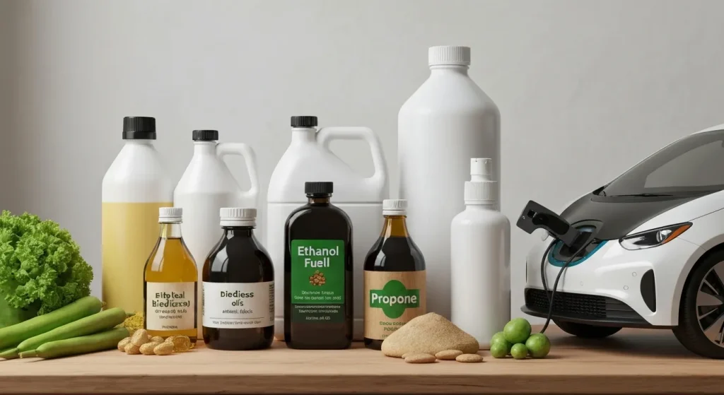 Diverse surse de combustibili alternativi pentru vehicule, incluzând etanol, biodiesel, propan și vehicule electrice.
