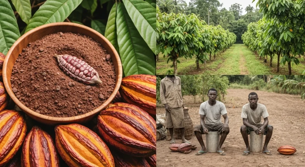 Fermieri de cacao în Coasta de Fildeș, unii lucrători temporari recoltând recolta.
