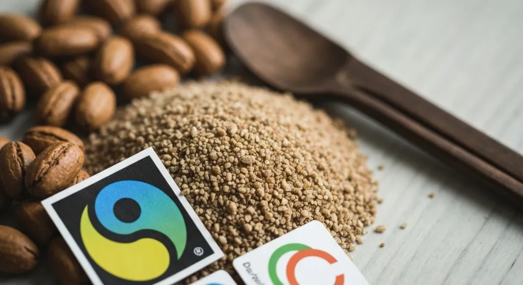 Simbolul Fairtrade, un yin-yang albastru și galben, alături de logo-uri similare ale unor companii, sugerând o comparație între programe de sustenabilitate.