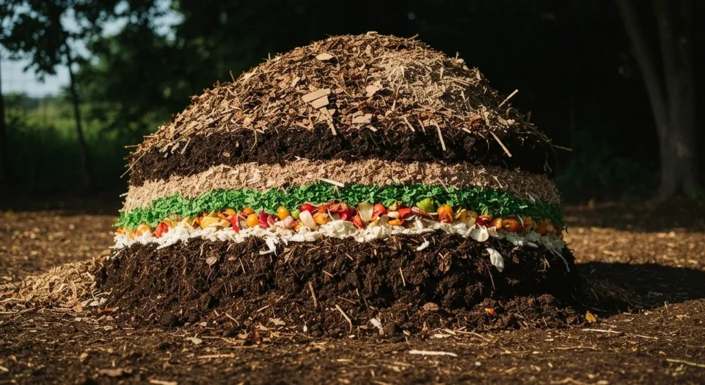Grămadă de compost straturificată cu materiale brune și verzi, menținută umedă și aerisită.
