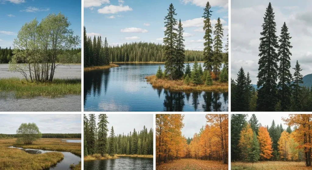 Diverse tipuri de copaci și vegetație din diferite biomuri forestiere nord-americane.