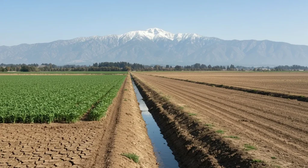 Peisaj arid din Valea Centrală a Californiei, cu un lac secat și culturi uscate, în contrast cu munții Sierra Nevada cu zăpadă puțină.