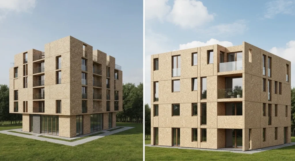 Un grafic ilustrând emisiile inițiale de carbon (EIC) în construcții, comparând diverse materiale de construcție.