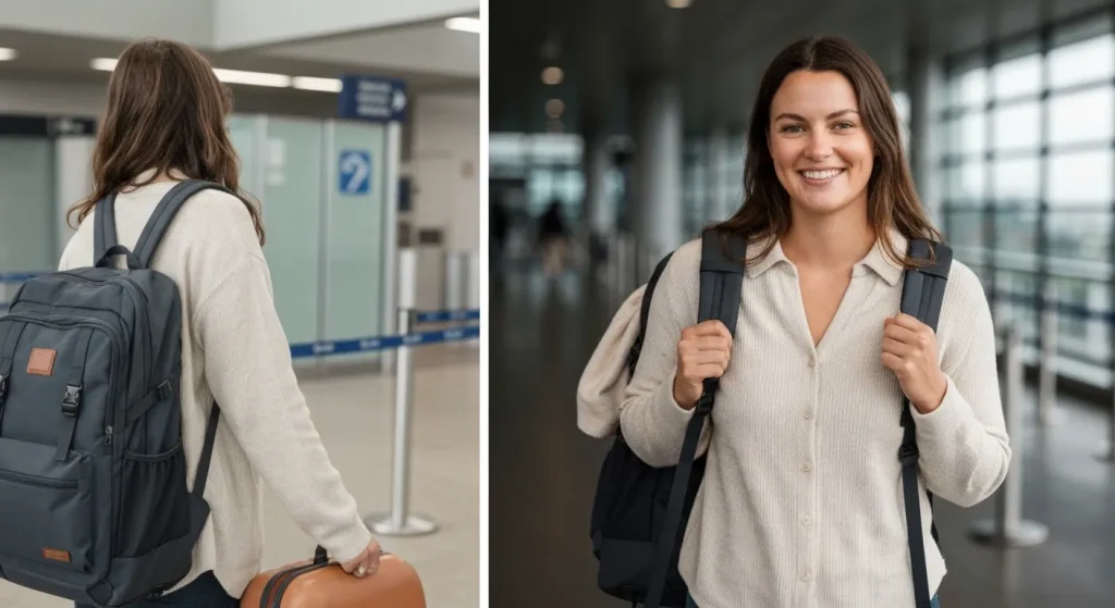 O femeie zâmbește purtând o ținută simplă și elegantă, cu un singur rucsac pe umăr, într-un aeroport.