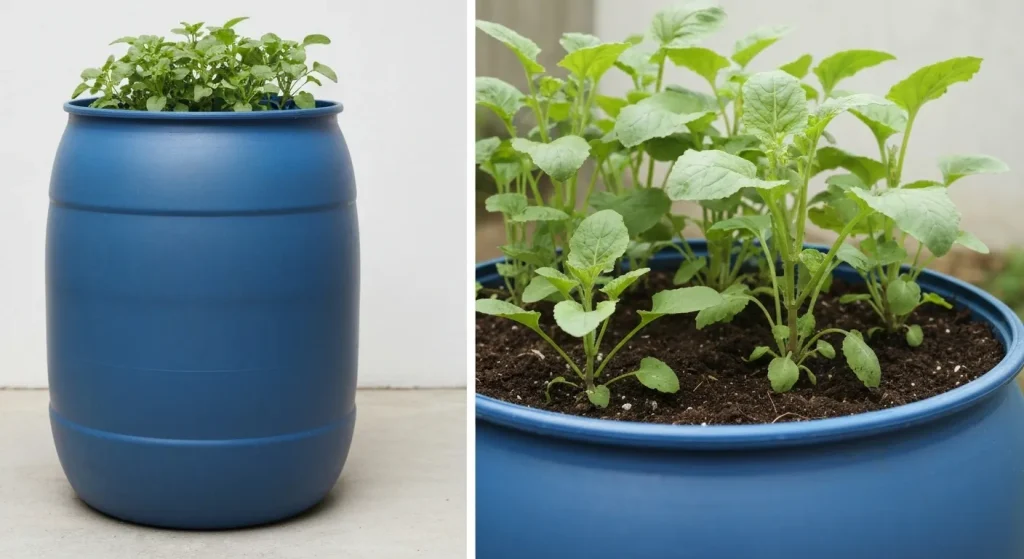 Un butoi de plastic transformat într-un recipient cu auto-udare pentru plante, cu un sistem de fitil pentru a menține umiditatea solului.