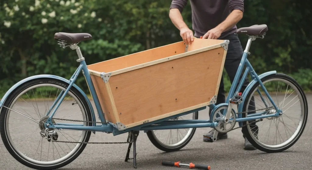 O bicicletă de marfă modulară, simplă, construită cu unelte de bază, capabilă să transporte o încărcătură semnificativă.