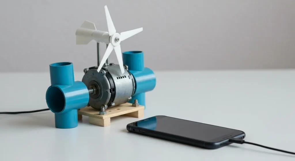 O mini-turbină eoliană de casă, construită din țevi PVC și un motor pas cu pas reciclat, conectată la un dispozitiv de încărcare.