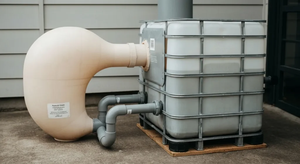 Un rezervor intermediar pentru vrac (IBC) modificat cu trei țevi pentru un sistem de biogaz DIY.