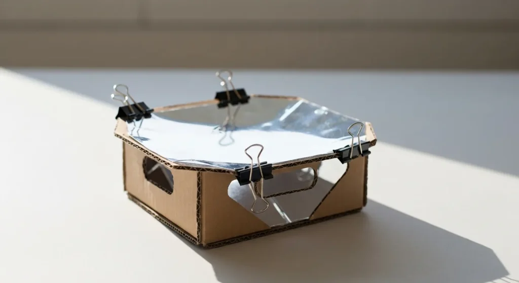Un aragaz solar simplu, construit din carton, folie de aluminiu și alte materiale ieftine, reflectând lumina soarelui pentru a genera căldură.