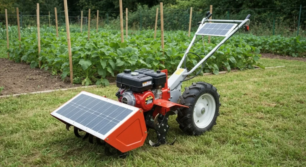 O motosapă de grădină modificată, alimentată de panouri solare.