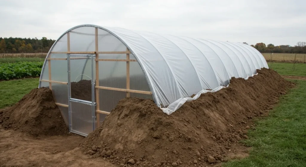 O seră subterană parțial îngropată în pământ, cu o structură din plastic transparent deasupra solului.