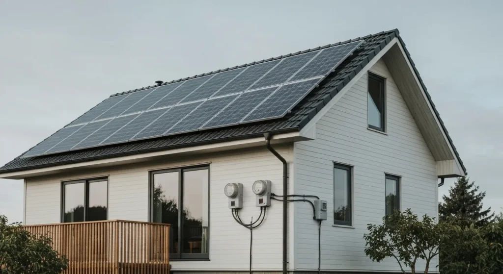 O casă modernă cu panouri solare pe acoperiș conectată la rețeaua electrică.