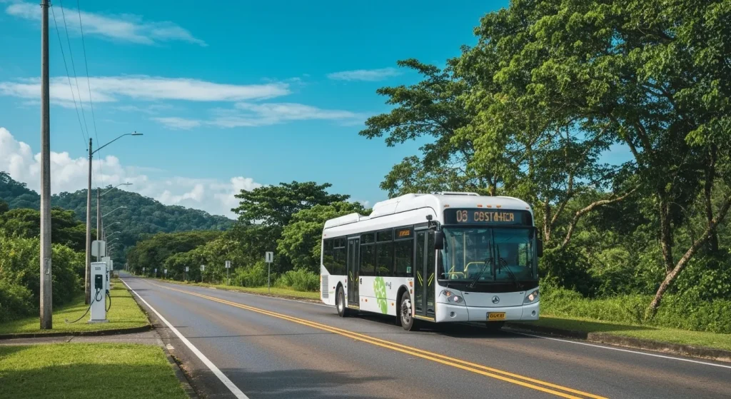 Un autobuz electric modern circulă pe o șosea curată, înconjurat de vegetație luxuriantă și un cer senin.