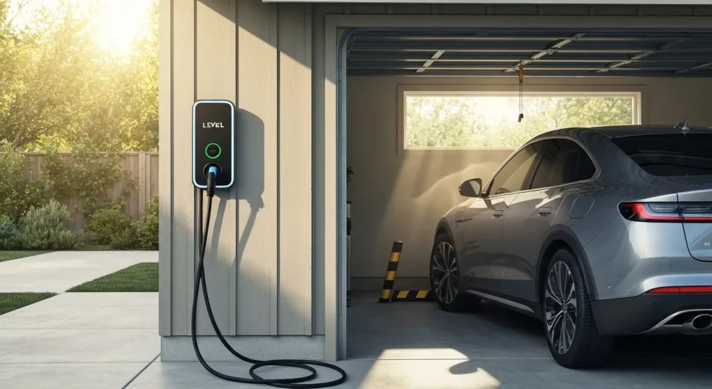 O mașină electrică este conectată la o stație de încărcare instalată într-un garaj.