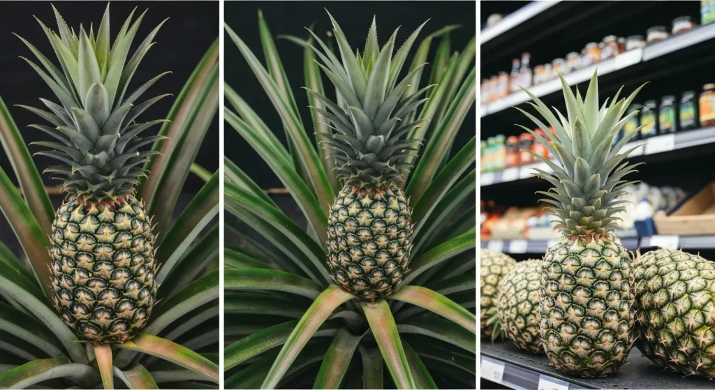 Un ananas copt pe un raft într-un supermarket, lângă frunze verzi proaspete.