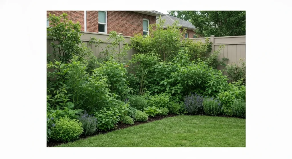 O curte suburbană cu o mică pădure dens plantată, cu plante native de diferite înălțimi, creând un ecosistem vibrant și auto-sustenabil.