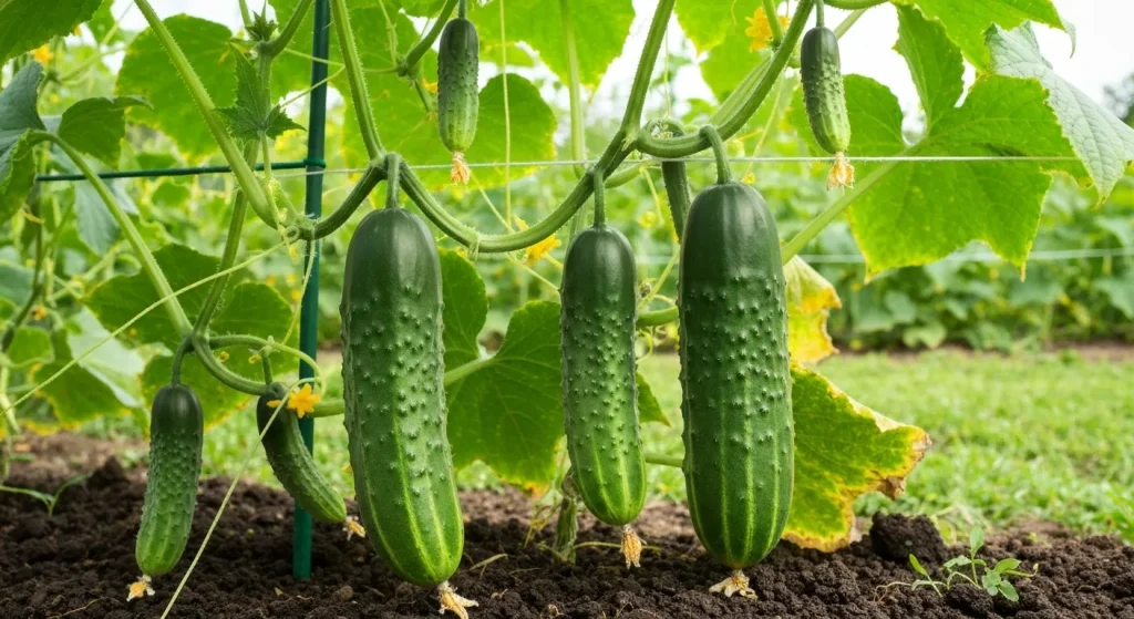 Plantă de castraveți crescută vertical pe un spalier, cu castraveți verzi de diferite mărimi agățați de viță.