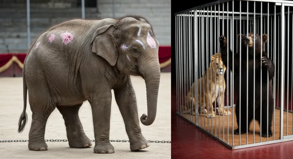 Un elefant tânăr, înlănțuit, într-un mediu restrâns, cu semne vizibile de rănire.