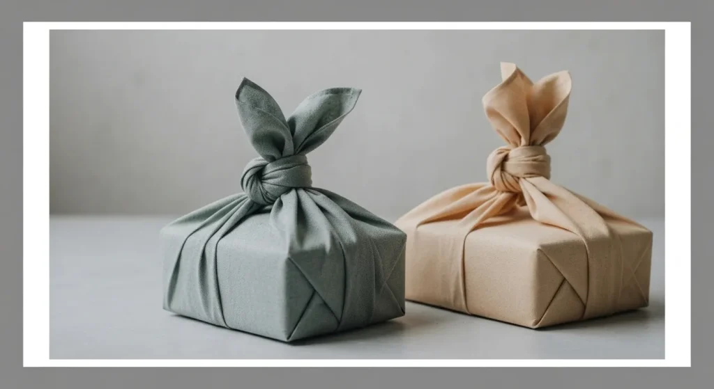 Un cadou împachetat într-o bucată de material textil, folosind tehnica furoshiki.